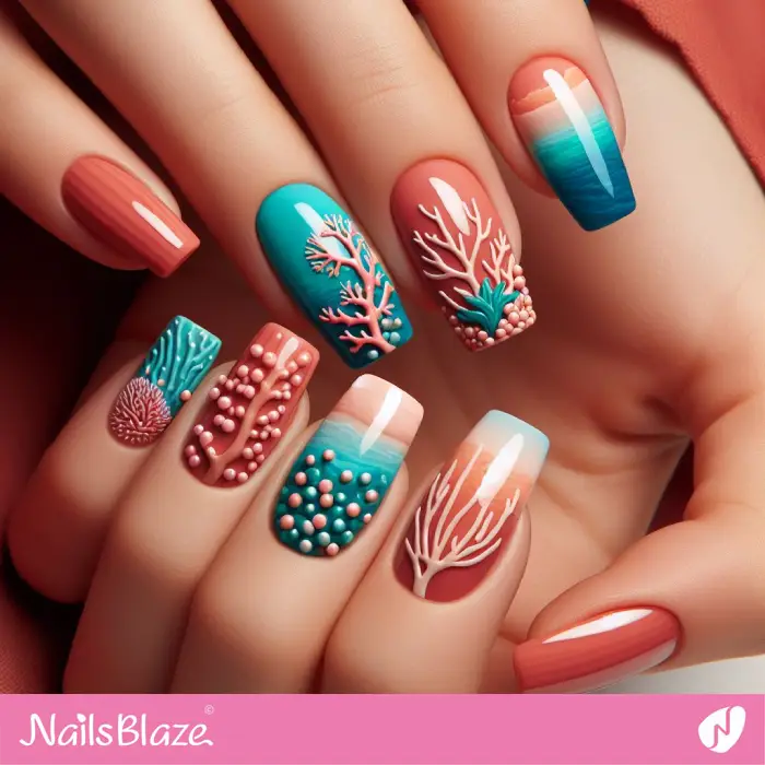 Coral and Blue Color Nails with Coral Reefs Design | Save the Ocean Nails - NB2845